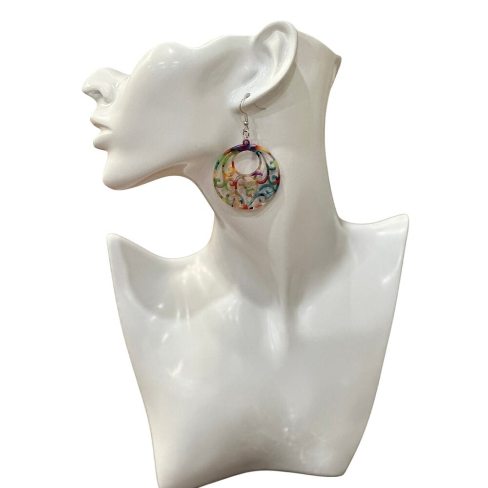 Multi color acrylic filigree disc earrings - so fun! - Picture 2 of 5